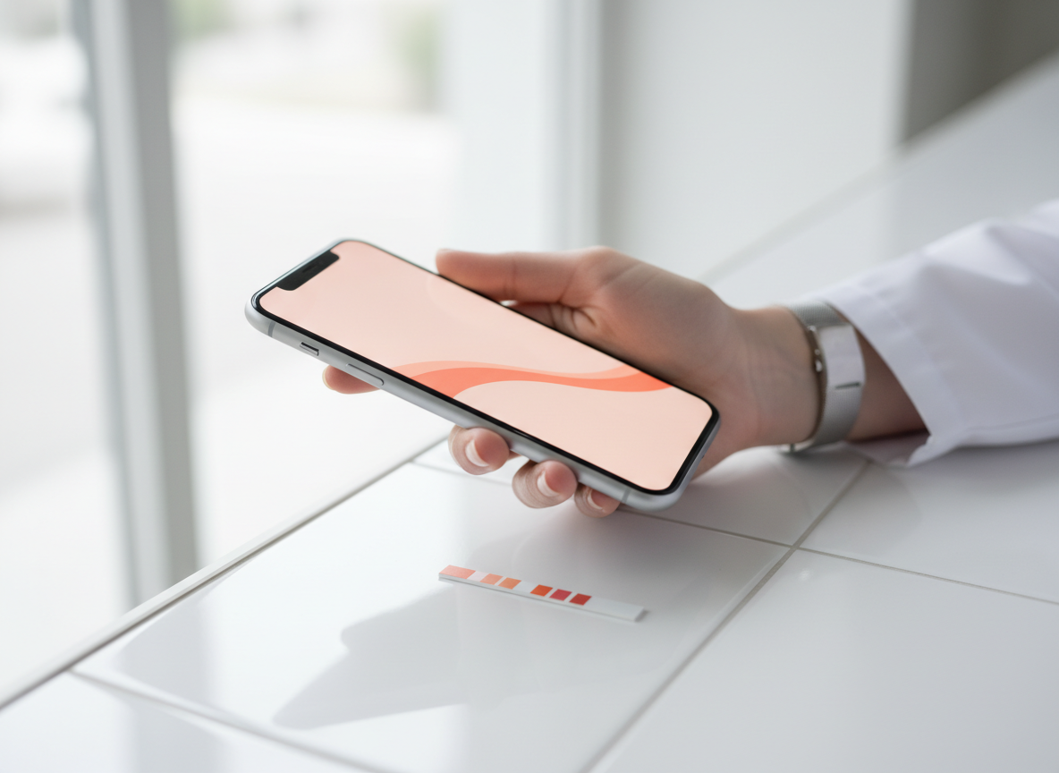 Smartphone scanning a pH test strip with pHeminity app
